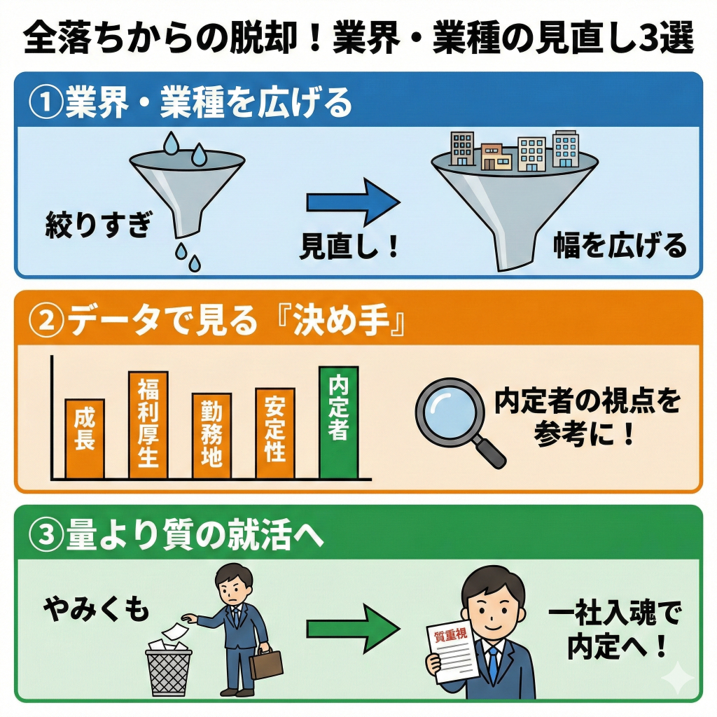 【27卒】内定なし就活したけど全落ち「業界・業種の見直し方法」
１業界、業種を絞りすぎた
２就職先の決め手を考える
３やみくもに応募しすぎた