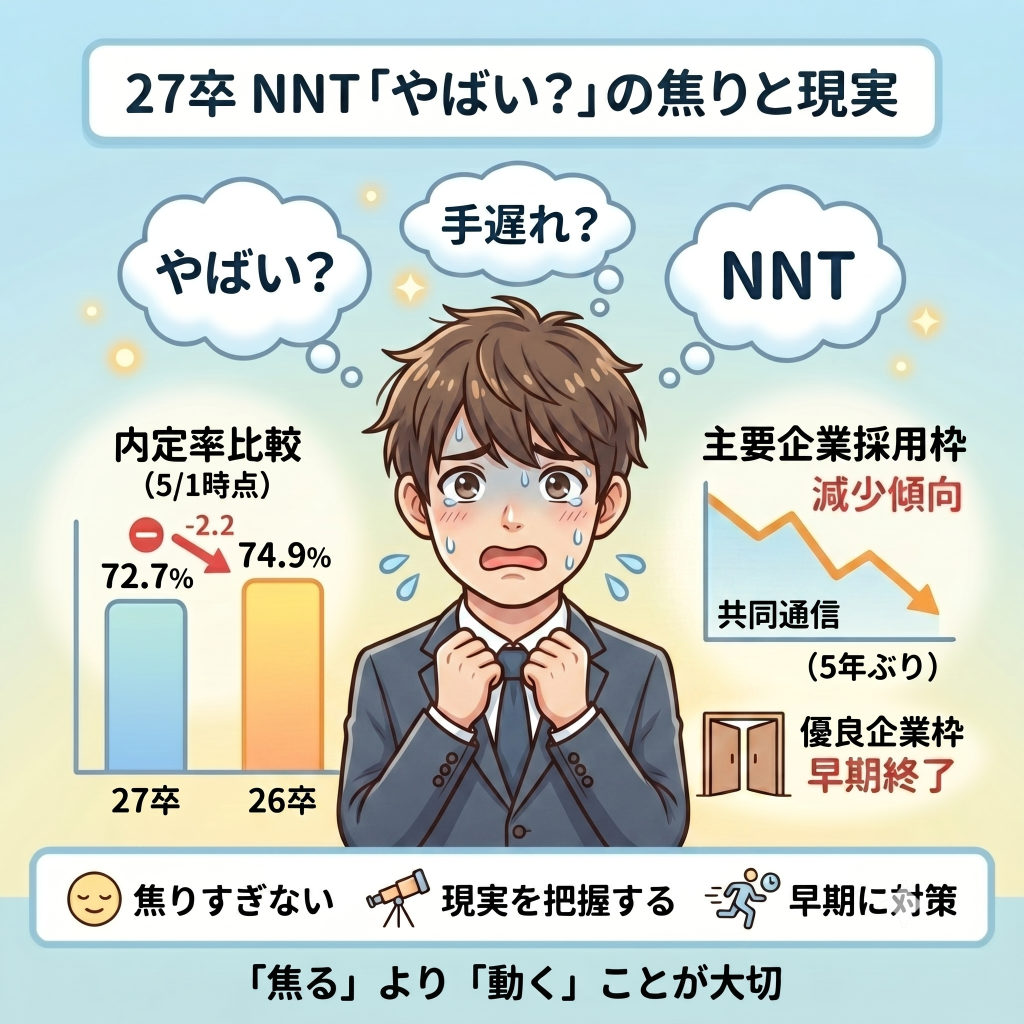 ・27卒の内々定率は5月1日時点で72.7%に
・前年同時期を2.2ポイント下回っている状況
・共同通信社の最新ニュースでは、主要企業の採用枠が5年ぶりに減少傾向にあります。