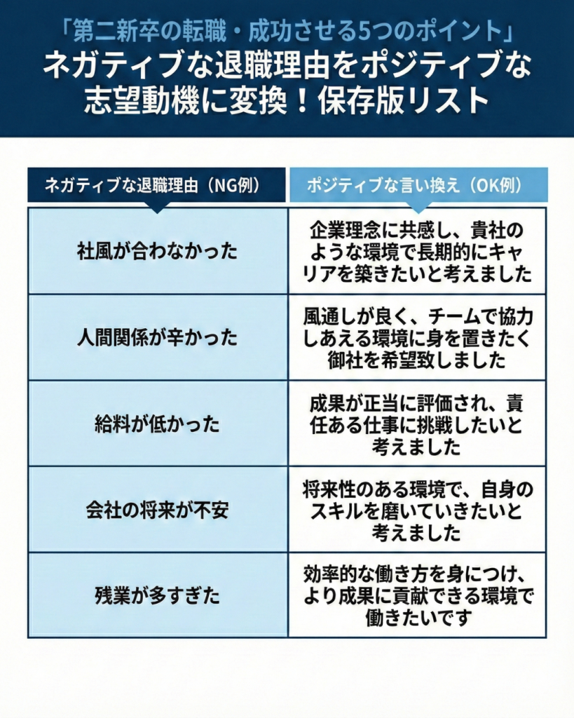 第二新卒の転職・成功させる5つのポイント(ネガティブ→ポジティブ言い換え）転職理由を前向きに伝える