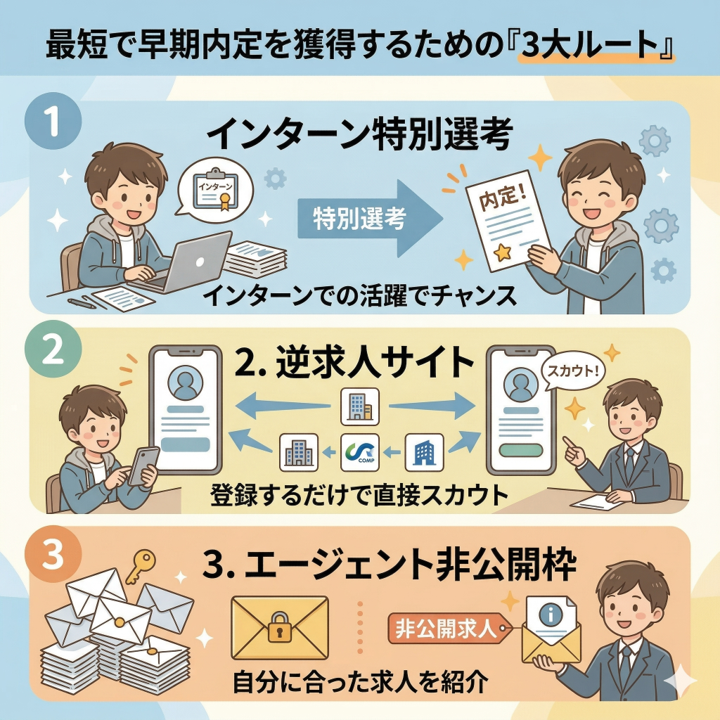 最短で早期内定を獲得するための「3大ルート」
ルート1：インターンシップ経由の特別選考で早期内定を目指す
ルート2：逆求人サイトの活用で早期内定を図る
ルート3：就活エージェントの非公開枠で早期内定の紹介を得る
