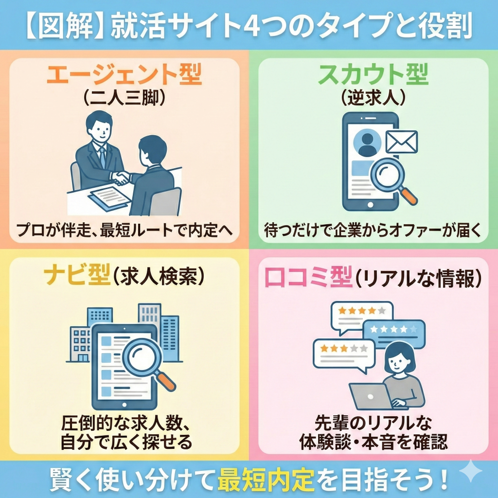 就活サイトの4つの分類(エージェント型・スカウト型・ナビ型・口コミ型)とそれぞれの役割まとめ