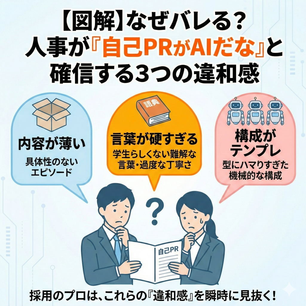 なぜバレる？人事が「自己PRがAIだな」と確信する3つの違和感
①AIの構成：定型的すぎる構成と「教科書通り」の表現
②AIの内容：原体験が薄く「人間味」が足りない
③AIの表現：学生らしくない言葉選びと「過度な丁寧さ」
【比較表】AI文章 vs 合格レベルの文章