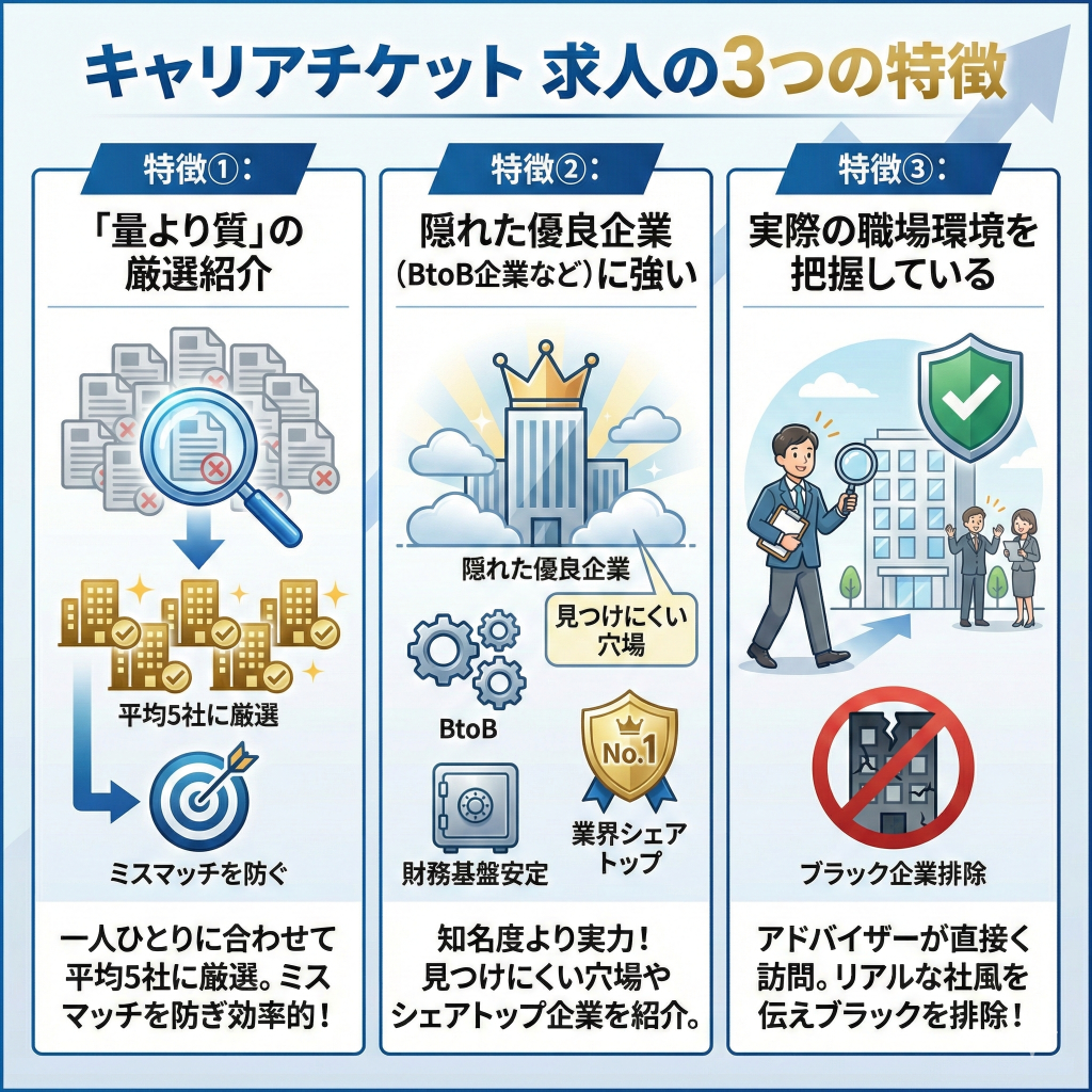 キャリアチケットの求人の3つの特徴（厳選紹介・隠れた優良企業・職場環境の把握）