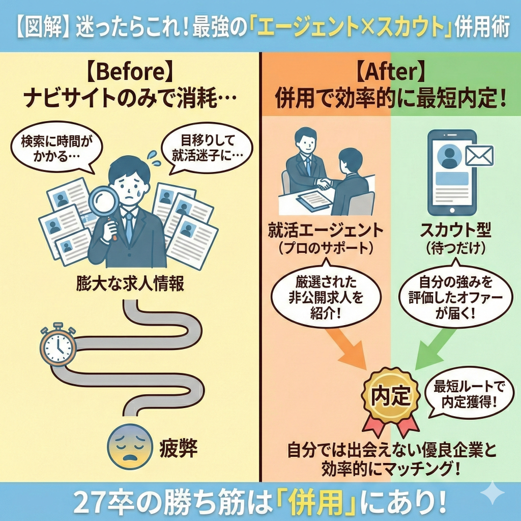 就活エージェントとスカウト型サイトを併用して効率的に内定を目指す