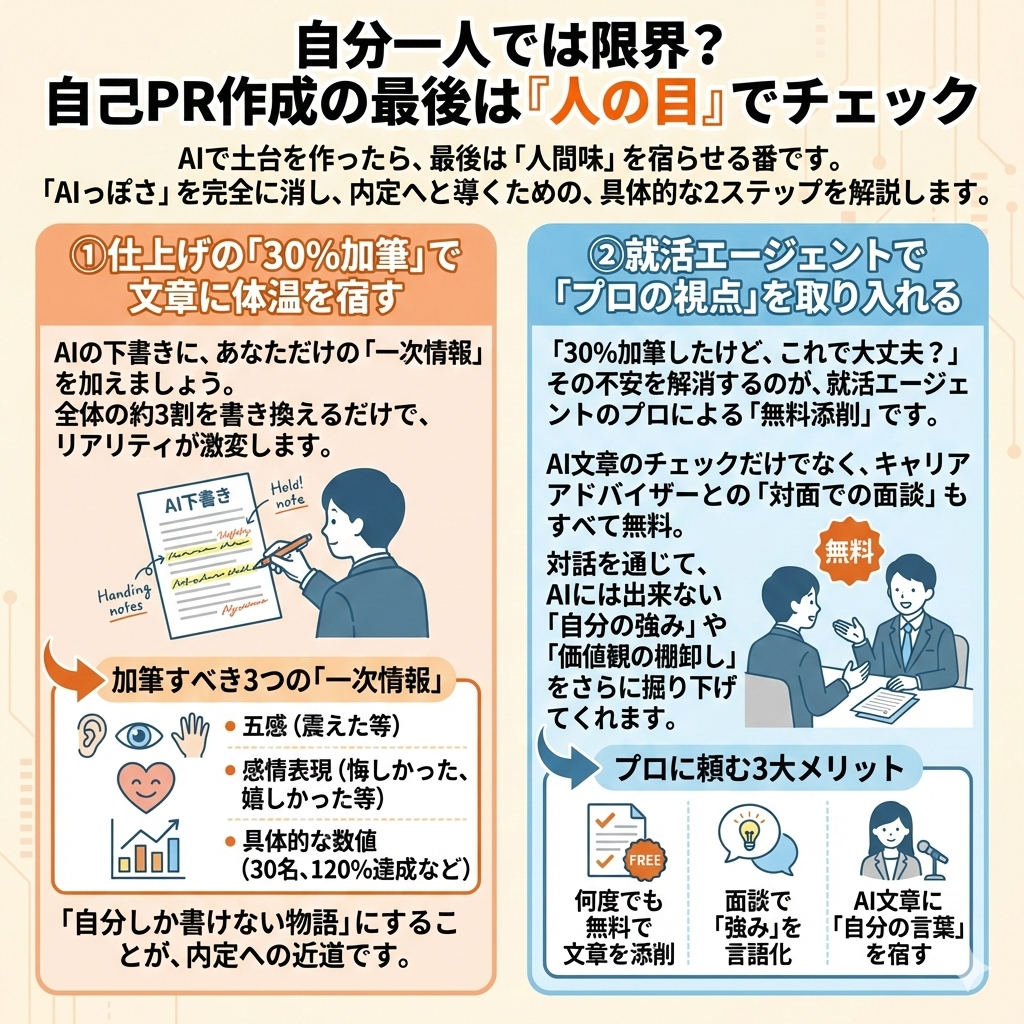 自分一人では限界？自己PR作成の最後は「人の目」でチェック
①仕上げの「30%加筆」で文章に体温を宿す
② 就活エージェントで「プロの視点」を取り入れる