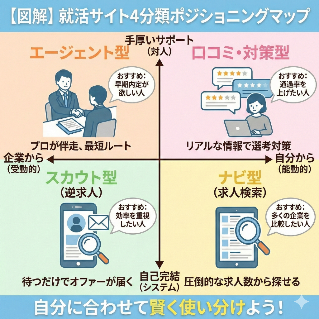 就活サービス4分類のポジショニングマップ。対人サポートの有無と自分・企業のどちらから動くかの図解
