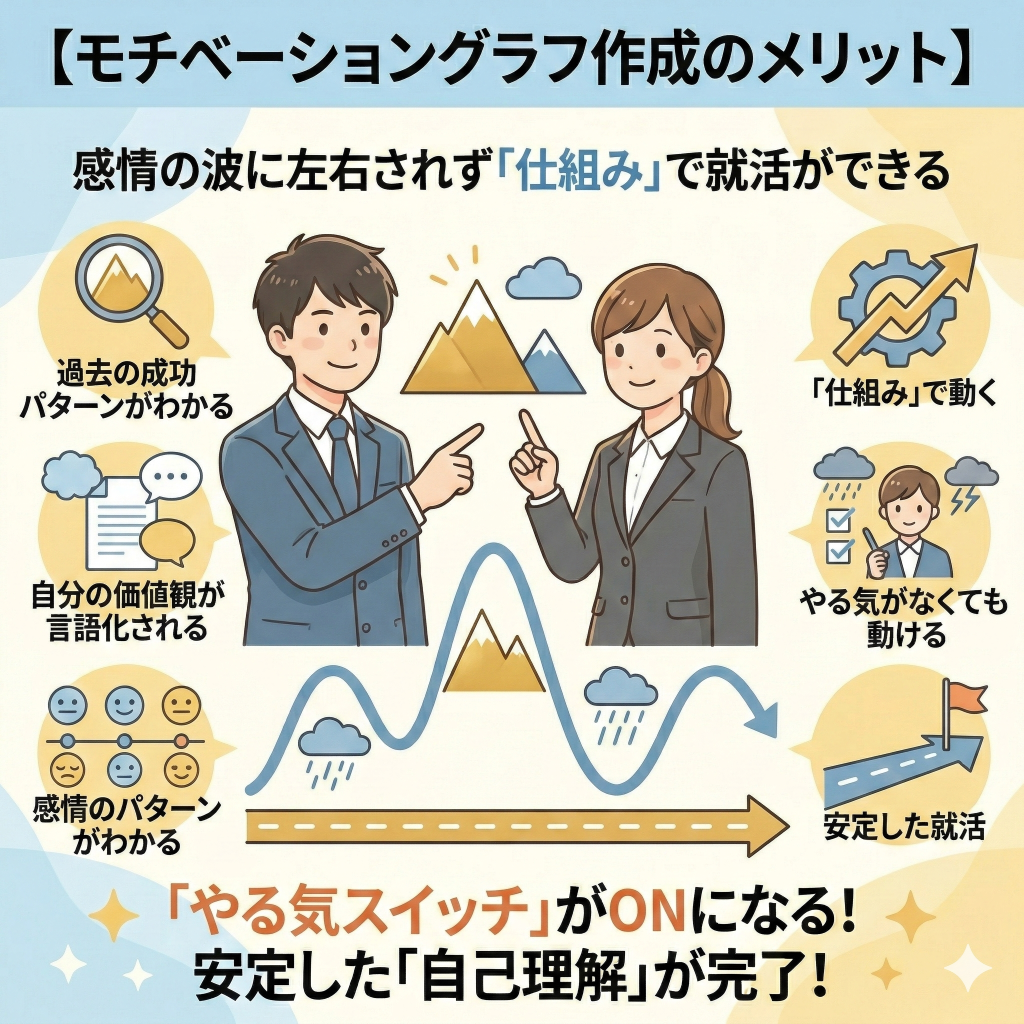 モチベーショングラフ作成のメリット=感情の波に左右されず「仕組み」で就活ができる