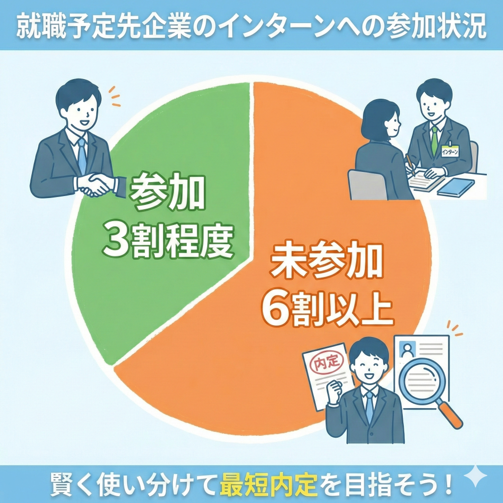 【結論】就活でインターンに行っていない学生は5人に1人以上!意外と多い
内定者のうち約6割は内定した会社のインターンシップに行っていない