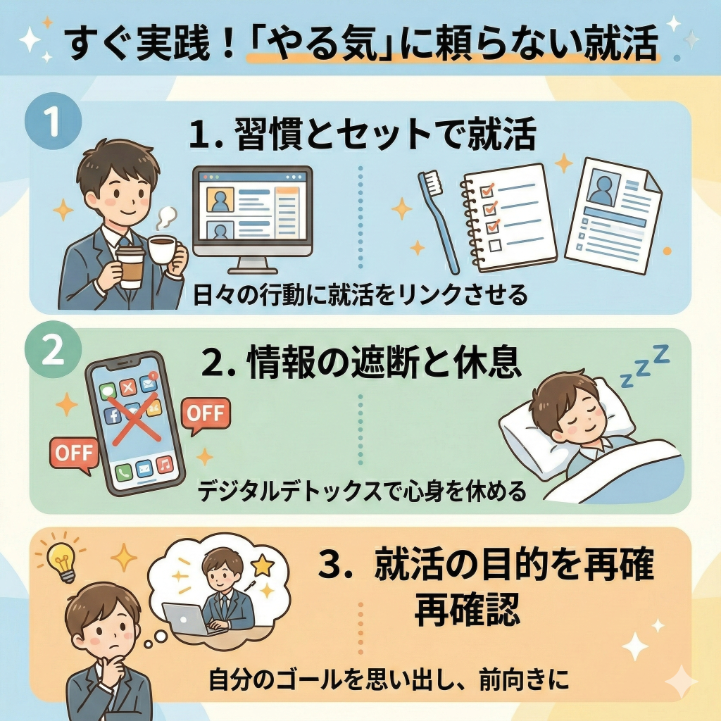 今すぐ実践!「やる気」に頼らない就活
習慣とセットで就活
情報の遮断と休息
就活の目的を再確認