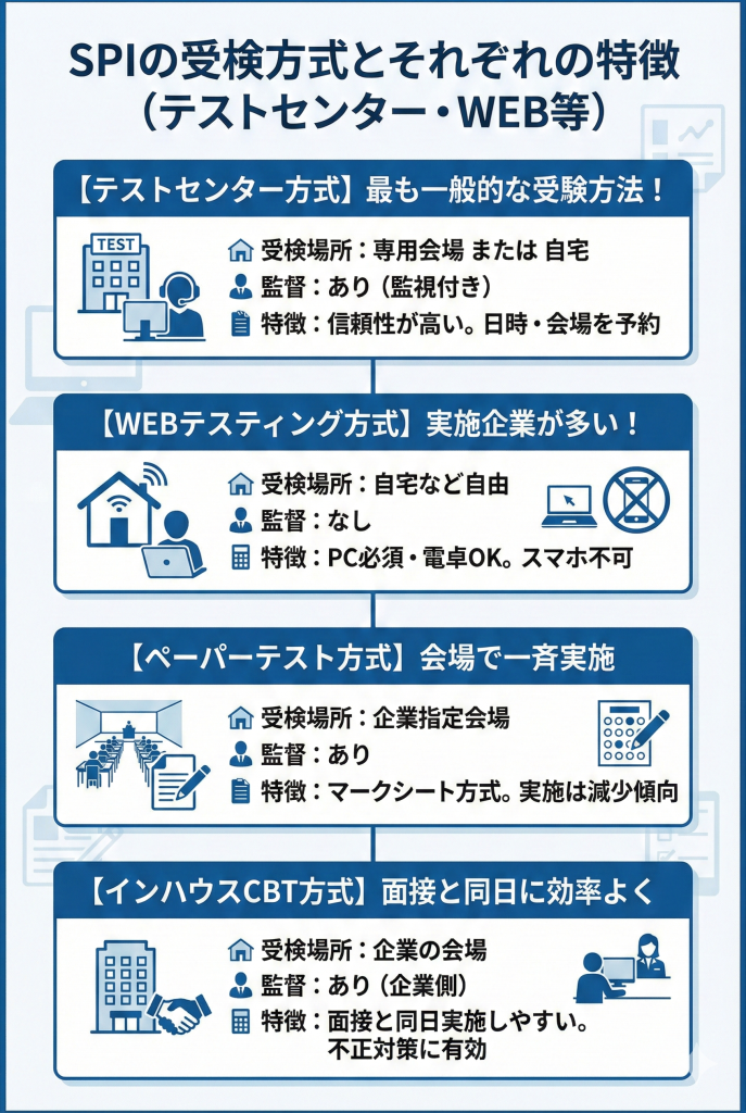 SPIの受検方式とそれぞれの特徴（テストセンター・WEB等）