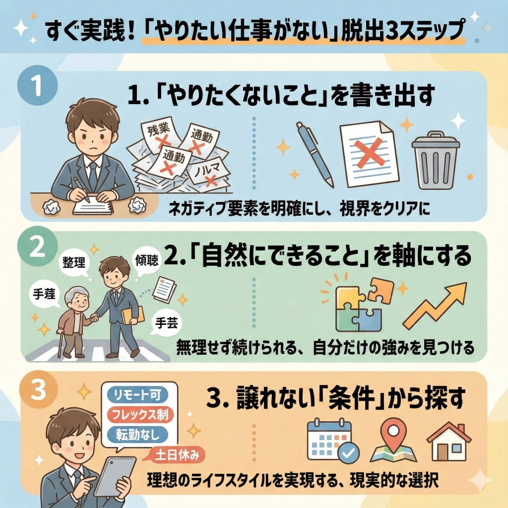 就活で「やりたい仕事がない」状況から脱出する3ステップ

やりたい仕事を見つけるステップ
「やりたくないこと」を書き出す
自分が「自然にできること」を軸にする
譲れない「働き方や条件」から探す