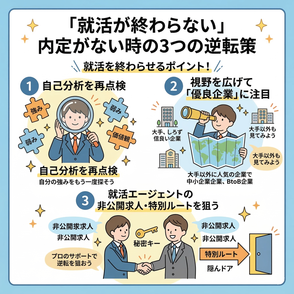 「就活が終わらない」内定がない時の3つの逆転策
就活を終わらせるポイント！
自己分析を再点検
視野を広げて「優良企業」に注目
就活エージェントの非公開求人・特別ルートを狙う