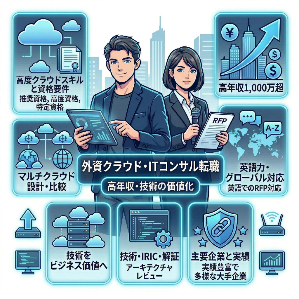 インフラ領域に強い外資クラウド・ITコンサル
ターゲット層と必須スペック
向いている人:高年収志向で技術を価値化したい人
評価スキル:クラウド資格・英語・RFP対応力
主要企業:AWS、アクセンチュア、デロイト、PwC、NRI
