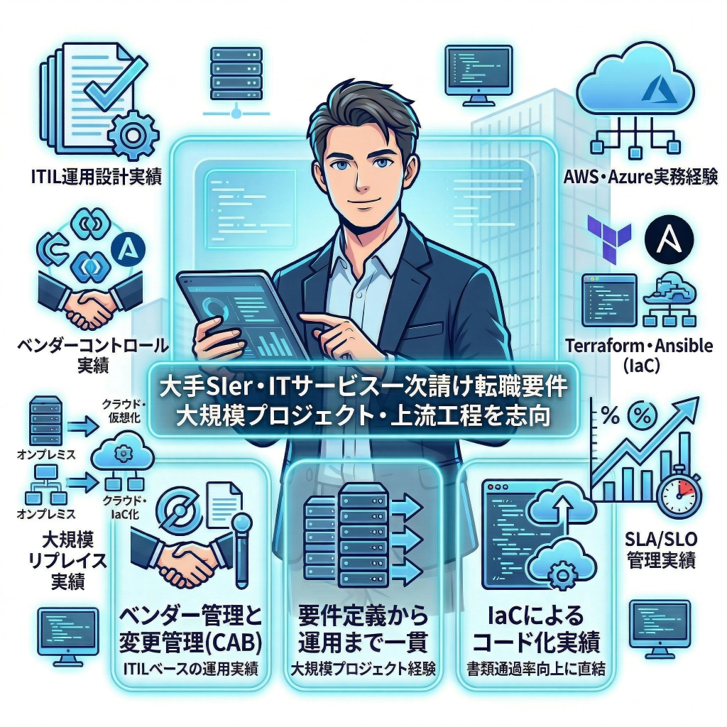 インフラエンジニアが狙うべき大手SIer・ITサービス(一次請け)
ターゲット層と必須スペック
向いている人:大規模PJや上流工程を志向する人
評価スキル:ITIL運用設計とベンダー管理経験
主要企業:NTTデータ、CTC、SCSK、日立