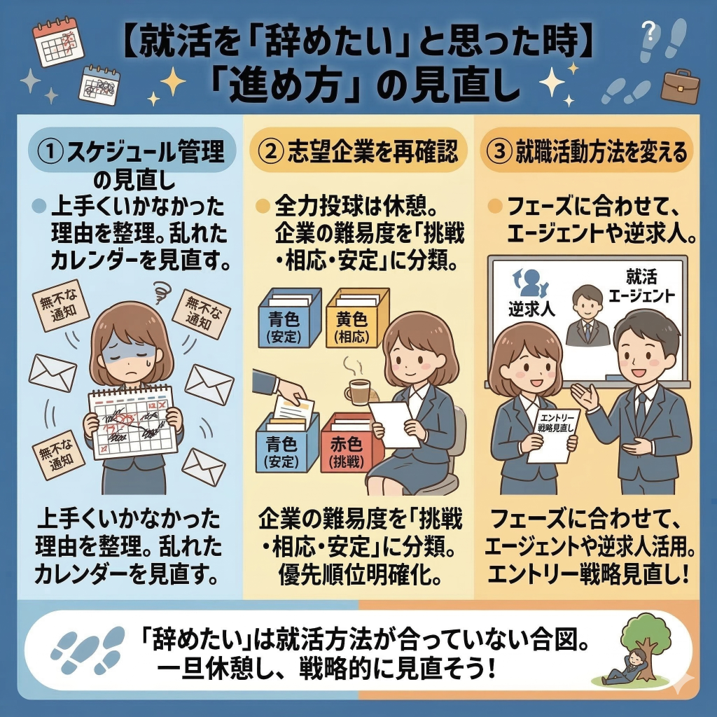 就活を辞めたいと感じたら？スケジュールとエントリーの【やり直しかた】
就活見直しポイント
スケジュール管理の見直し
志望企業を難易度別に整理
エントリー方法の整理