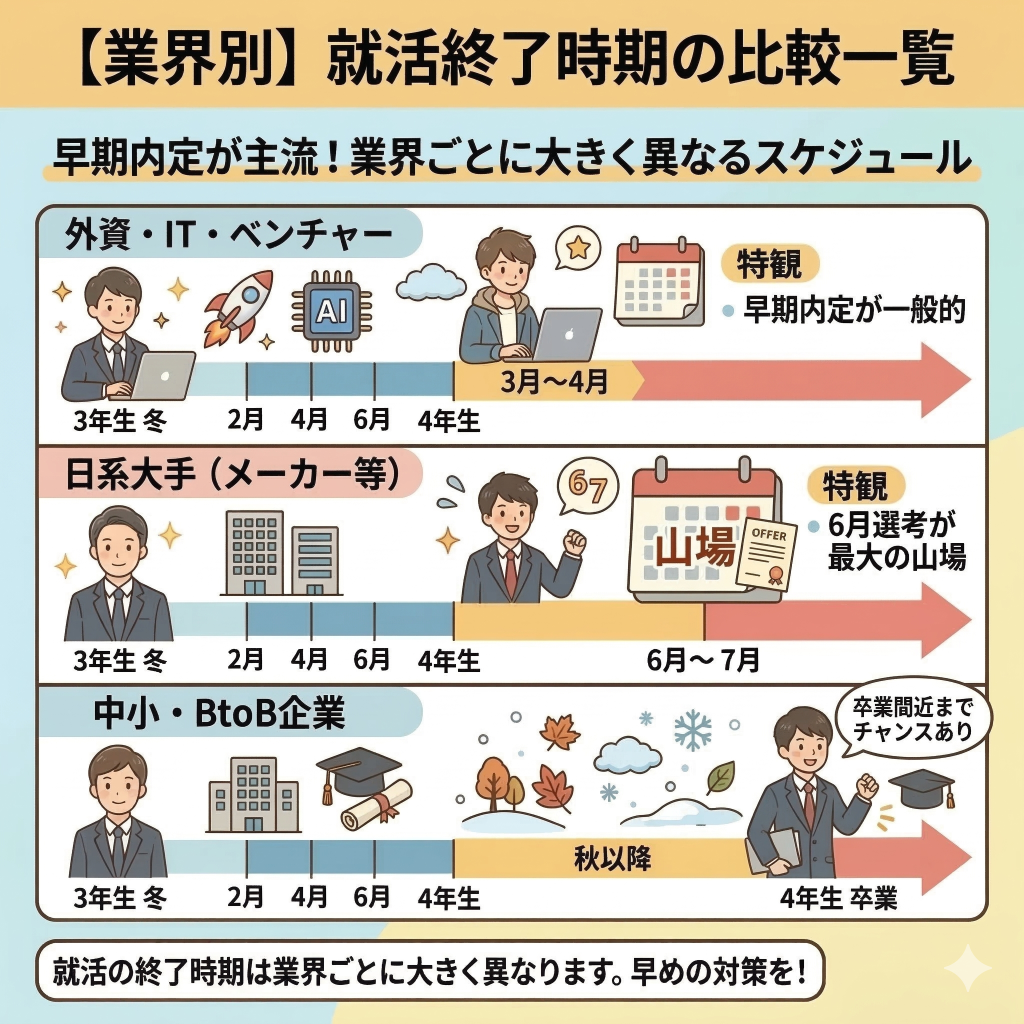 就活がいつ終わるか比較一覧
・外資・IT・ベンチャー4年生の3月〜4月
・日系大手（メーカー等）4年生の6月〜7月
・中小・BtoB企業4年生の秋以降
