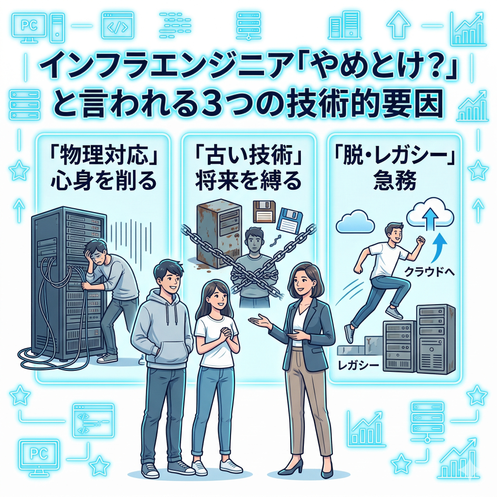 インフラエンジニアが「やめとけ」と言われる3つの技術的要因

やめとけの理由 
物理対応は心身を削る
古い技術は将来を縛る
「脱・レガシー」が急務