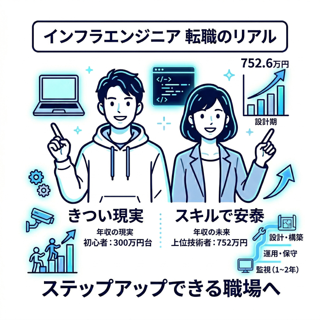 インフラエンジニアのリアル
年収：平均752万は上位職の数字。初心者は300万台
将来：求人倍率2.28倍。スキルを得れば安泰！
成功のコツ：ステップアップできる職場を選ぼう！