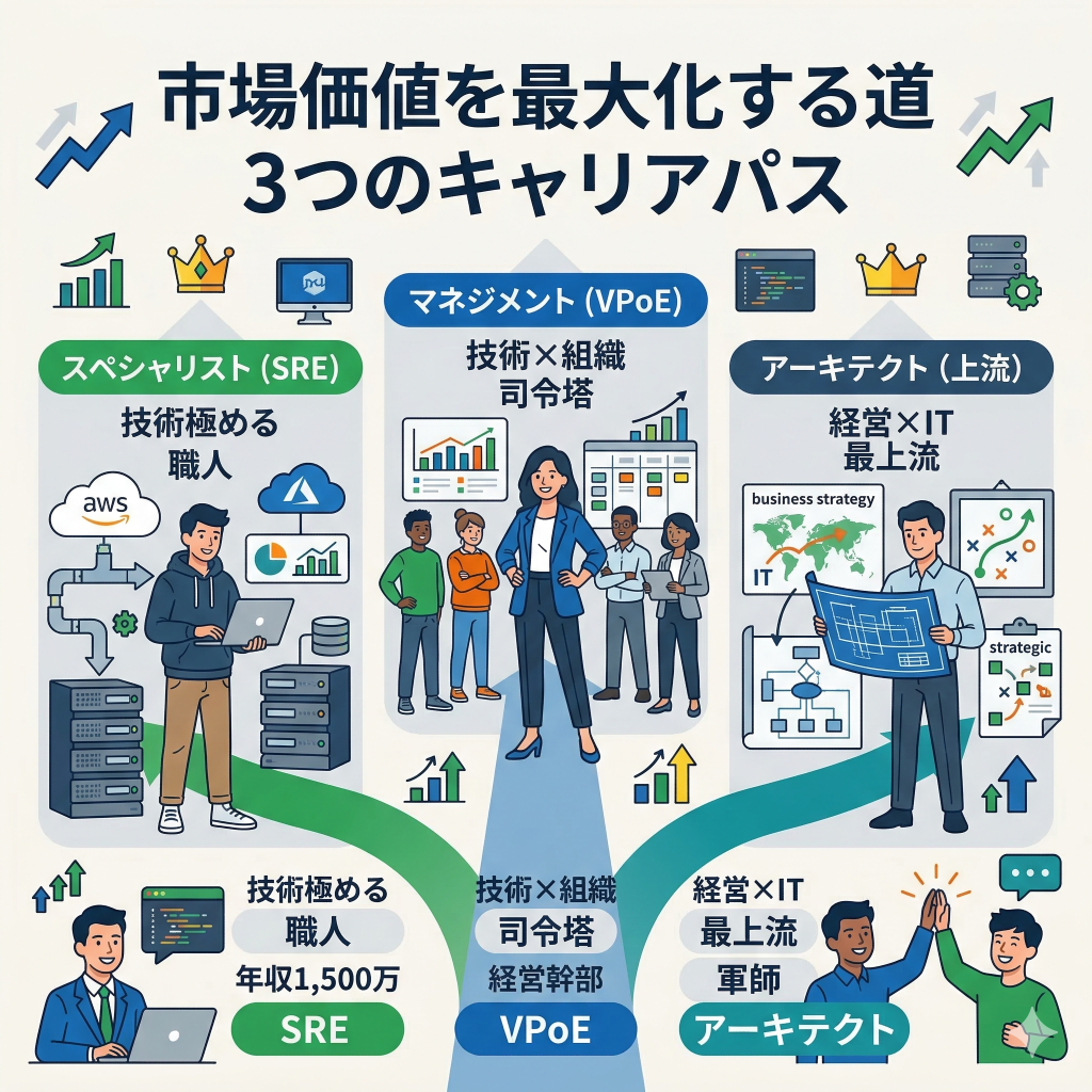インフラエンジニアの市場価値を最大化させる3つの【キャリアパス】
市場価値を最大化する道
スペシャリスト(SRE): 技術を極め、年収1,500万円を目指す「職人」の道
マネジメント(VPoE): 技術×組織管理で、経営幹部(CTO)を狙う「司令塔」の道
アーキテクト(上流): 経営戦略×ITで、最上流工程を担う「軍師」の道