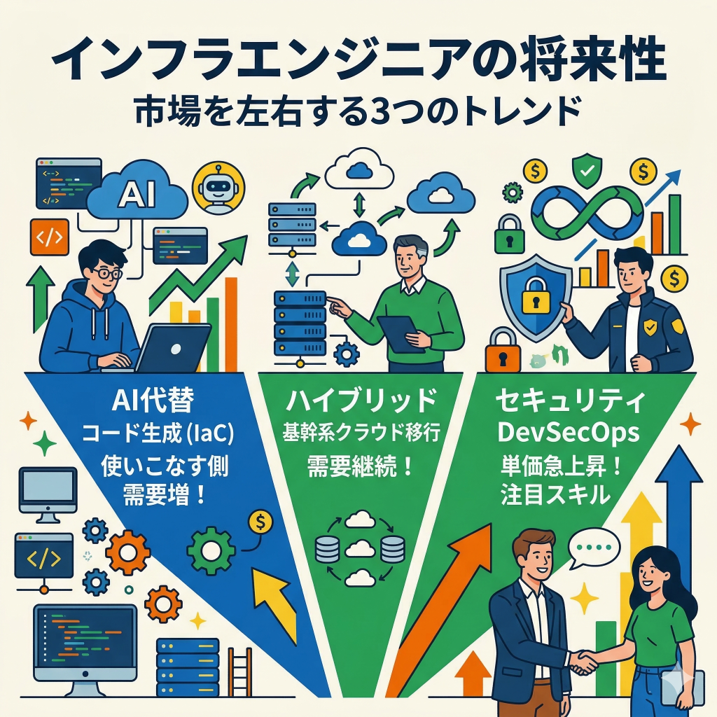 インフラエンジニアの将来性
市場を左右する3つのトレンド
AI代替: コード生成(IaC)を使いこなす側は需要増。
ハイブリッド: 基幹系のクラウド移行需要は今後も継続。
セキュリティ: DevSecOps領域の単価が急上昇中。