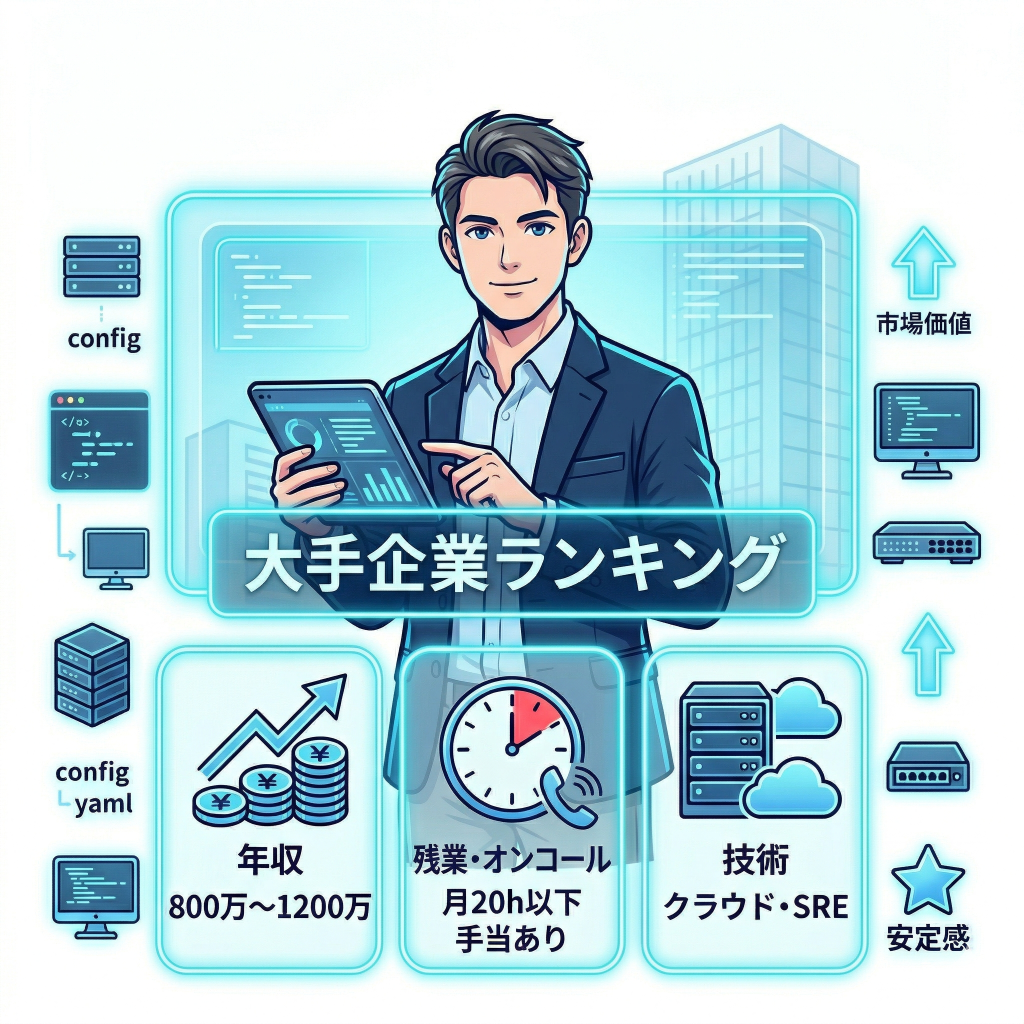 インフラエンジニア向け大手企業ランキング「年収・残業・技術」比較
ランキングの見極め方
年収:大手は800万〜1200万が目安
残業:月20時間以下・オンコール手当の有無
技術:インフラエンジニアとしてクラウド移行やSREに投資している企業か