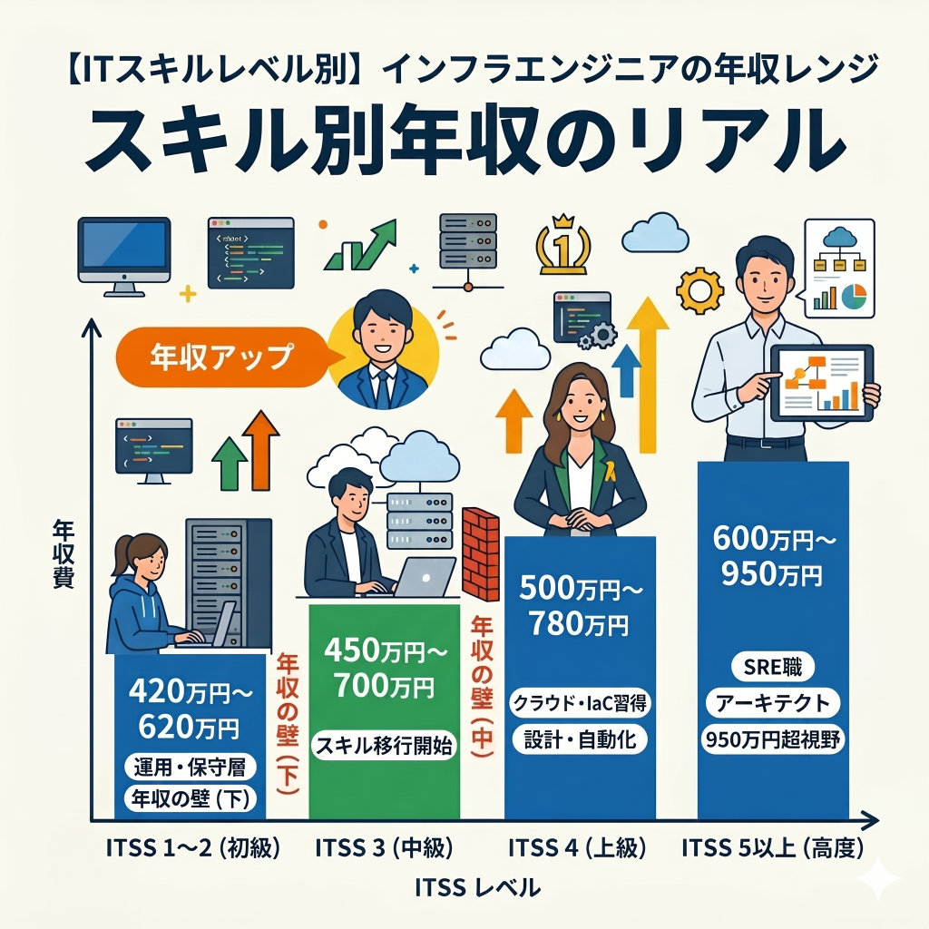 【ITスキルレベル別】インフラエンジニアの年収レンジ