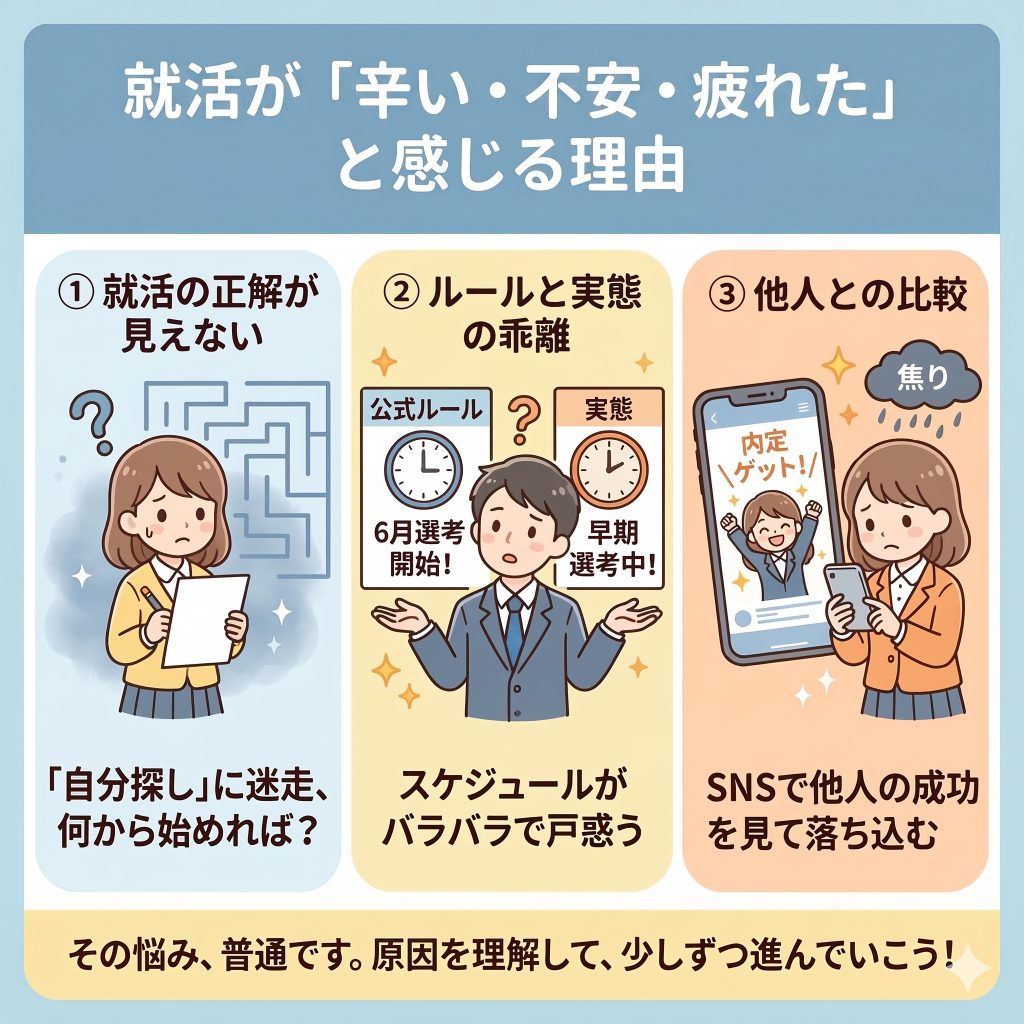 就活は「辛い・不安・疲れた」となぜ感じるのか?辛い・不安・疲れたの原因
就活の正解が見えない
就活ルールと実態の乖離
他人との比較