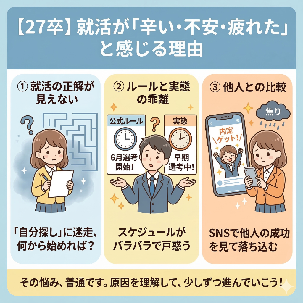 27卒の就活は「辛い・不安・疲れた」となぜ感じるのか？辛い・不安・疲れたの原因
就活の正解が見えない
就活ルールと実態の乖離
他人との比較