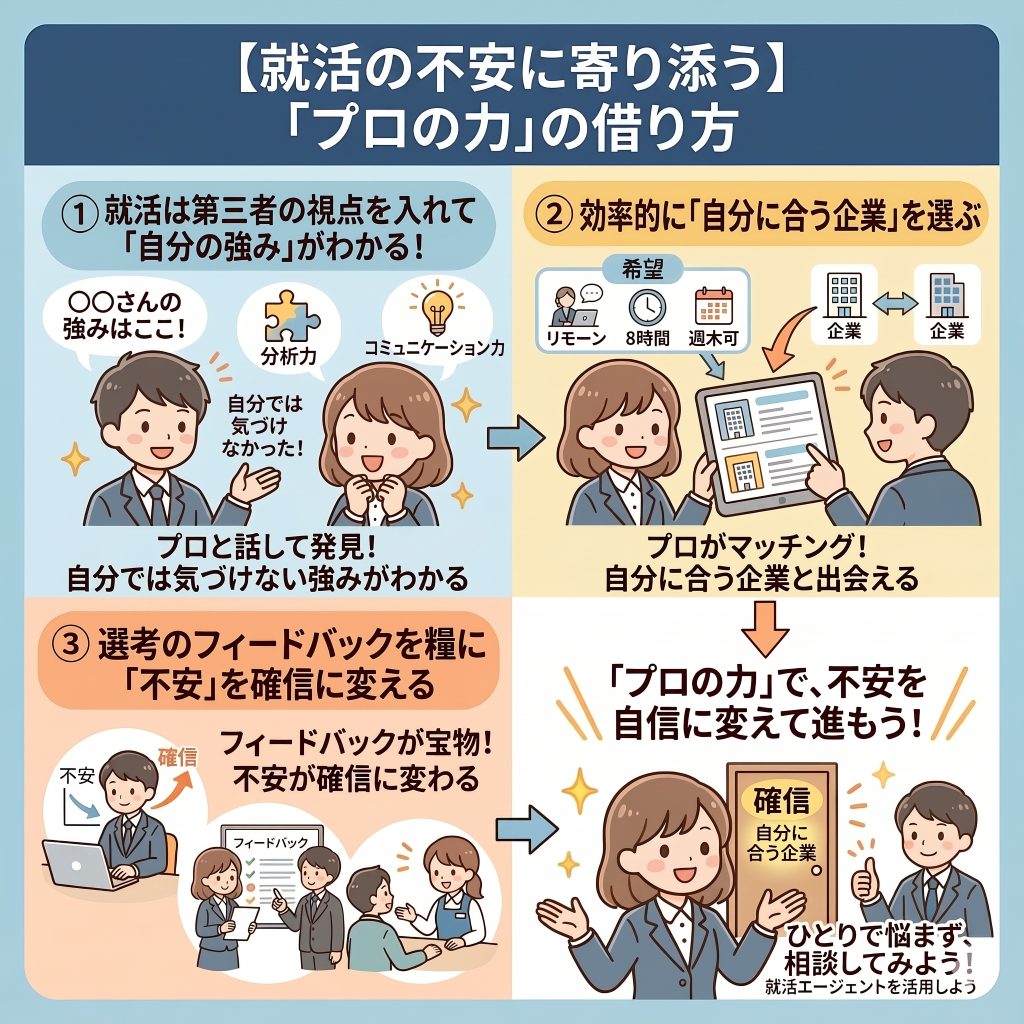 就活が「辛い・疲れた」時の強い味方!不安を支える「プロの頼り方」
ポイント
第三者の視点を入れて「自分の強み」を客観視
「自分にあう企業」を選ぶ
選考のフィードバックをフル活用