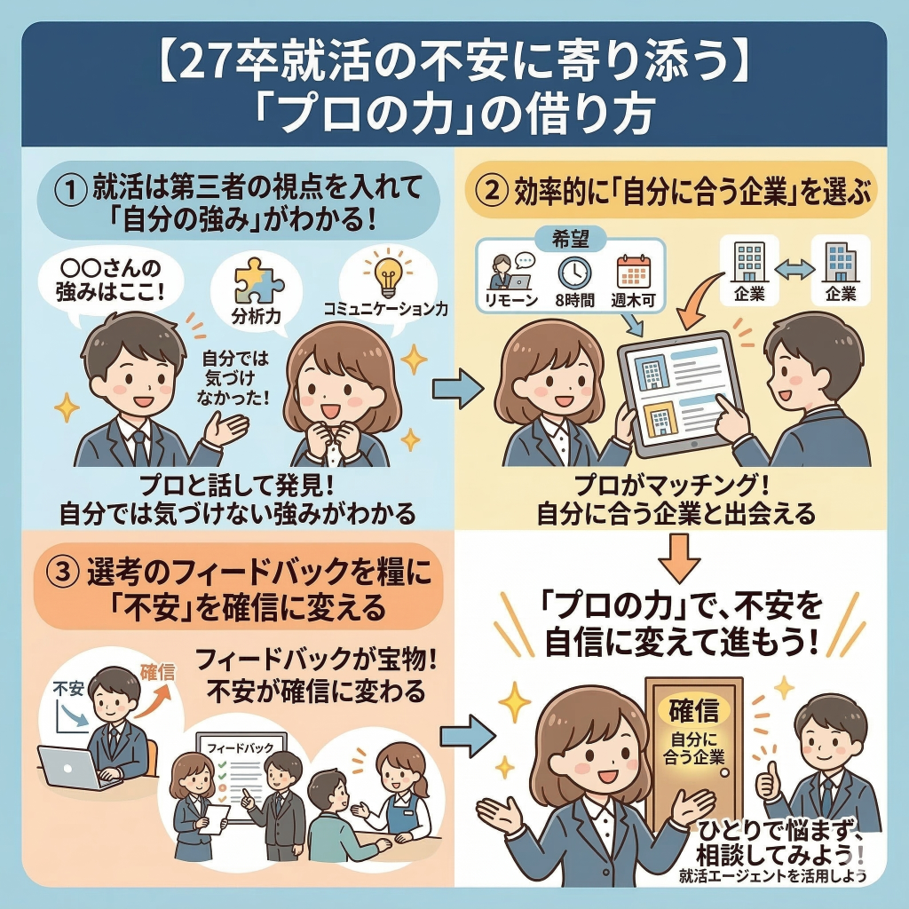 【27卒】就活が「辛い・疲れた」時の強い味方！不安を支える「プロの頼り方」
ポイント
第三者の視点を入れて「自分の強み」を客観視
「自分にあう企業」を選ぶ
選考のフィードバックをフル活用