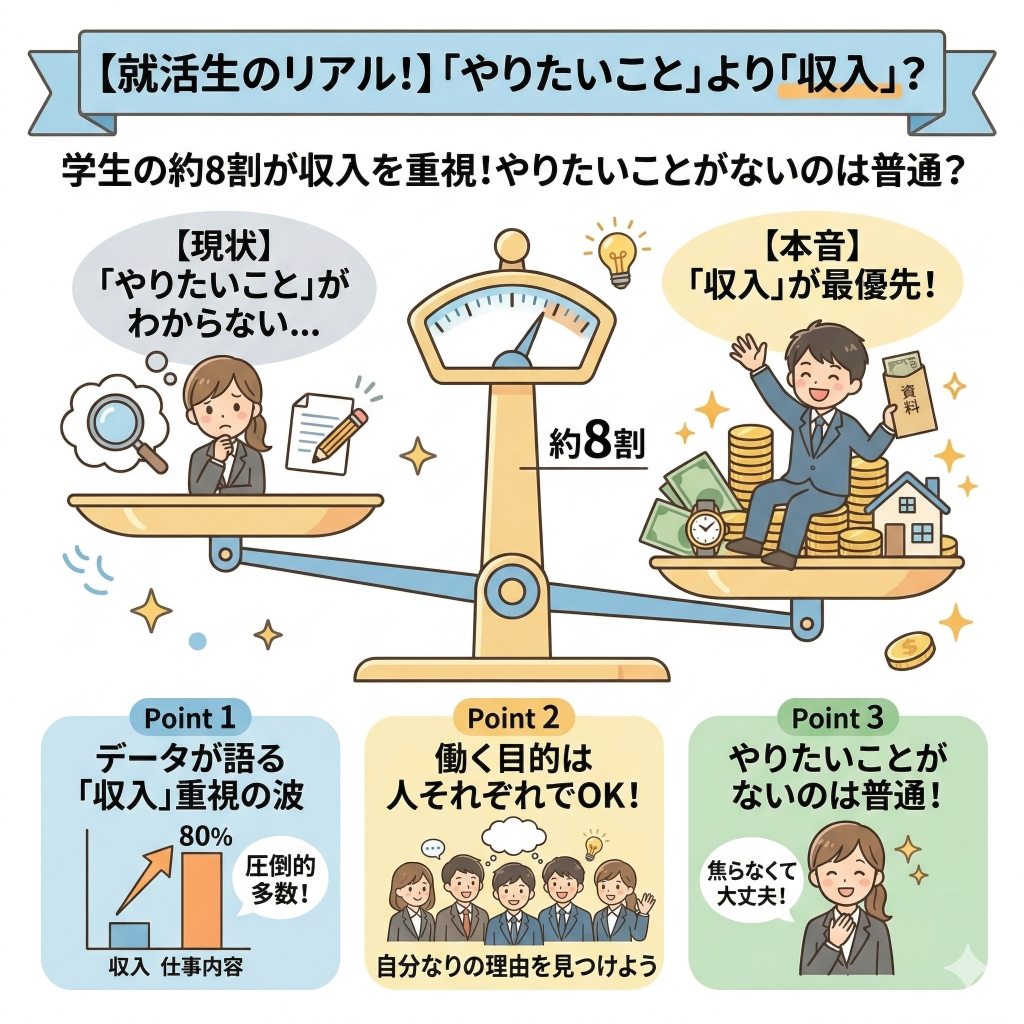 就活で「やりたいことがない」のは甘えではない
学生の約8割が「やりたいこと＝仕事の内容」ではなく【収入】を重視！※1