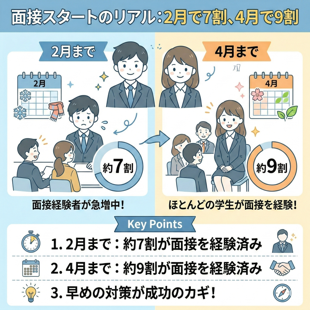 2月までに就活生の約7割が面接を経験している！
4月まで：約9割が面接を経験済み