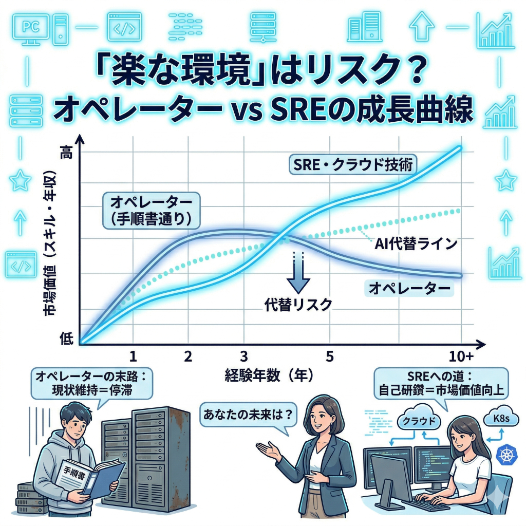 インフラエンジニアが「楽すぎ」と感じる環境の正体と潜むリスク

楽すぎのリスク 
「楽すぎ」はAI代替のサイン
オペレーターは年収が頭打ち
売り手市場の恩恵は上位層のみ