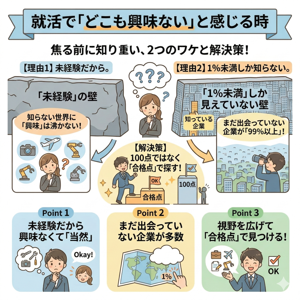 就活で「どこも興味ない」と感じる3つの理由

理由と解決策
未経験で興味が持てないのは当然
知っている企業は全体の1%未満

→100点ではなく「合格点」で探す