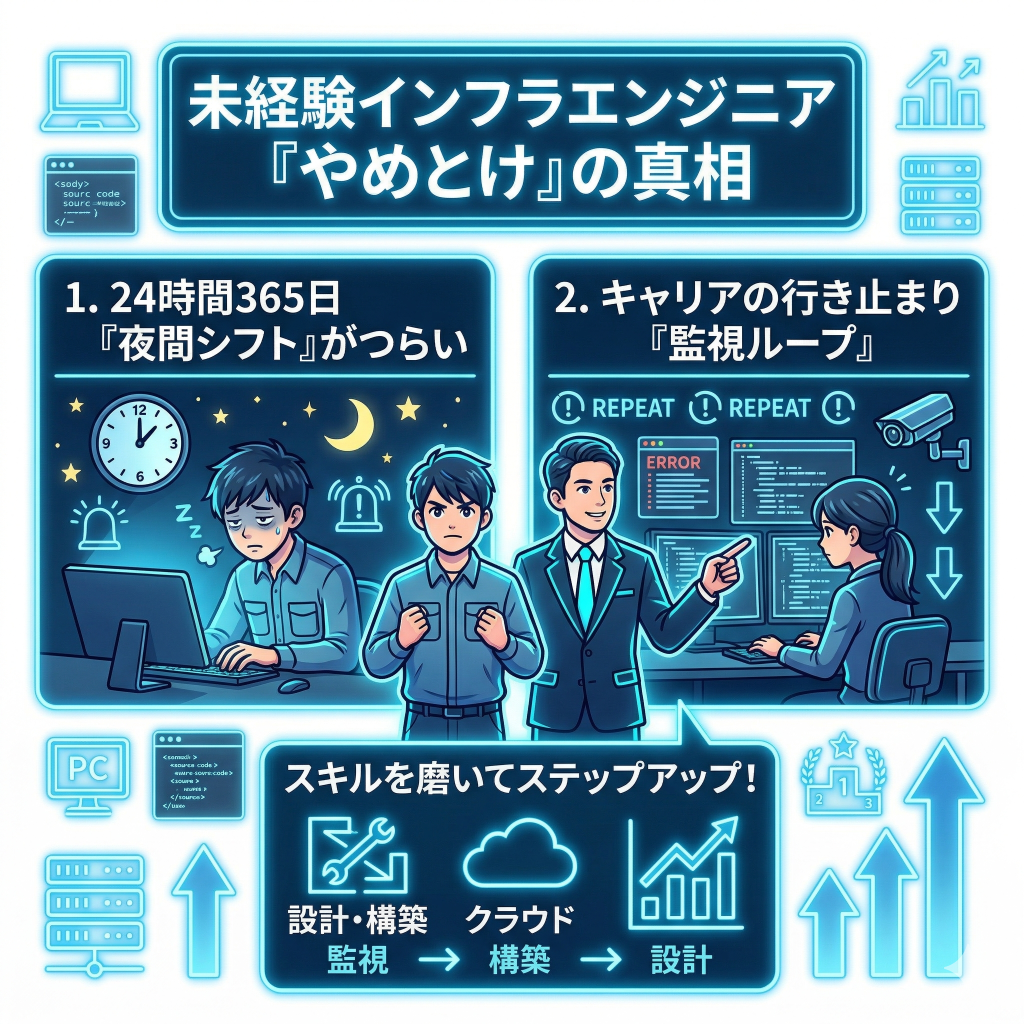 なぜ「未経験のインフラエンジニアはやめとけ」と言われるのか？
・インフラエンジニアの24時間365日「夜間シフト」がつらい
・インフラエンジニアのキャリアの行き止まり！スキルが身につかない「監視ループ」