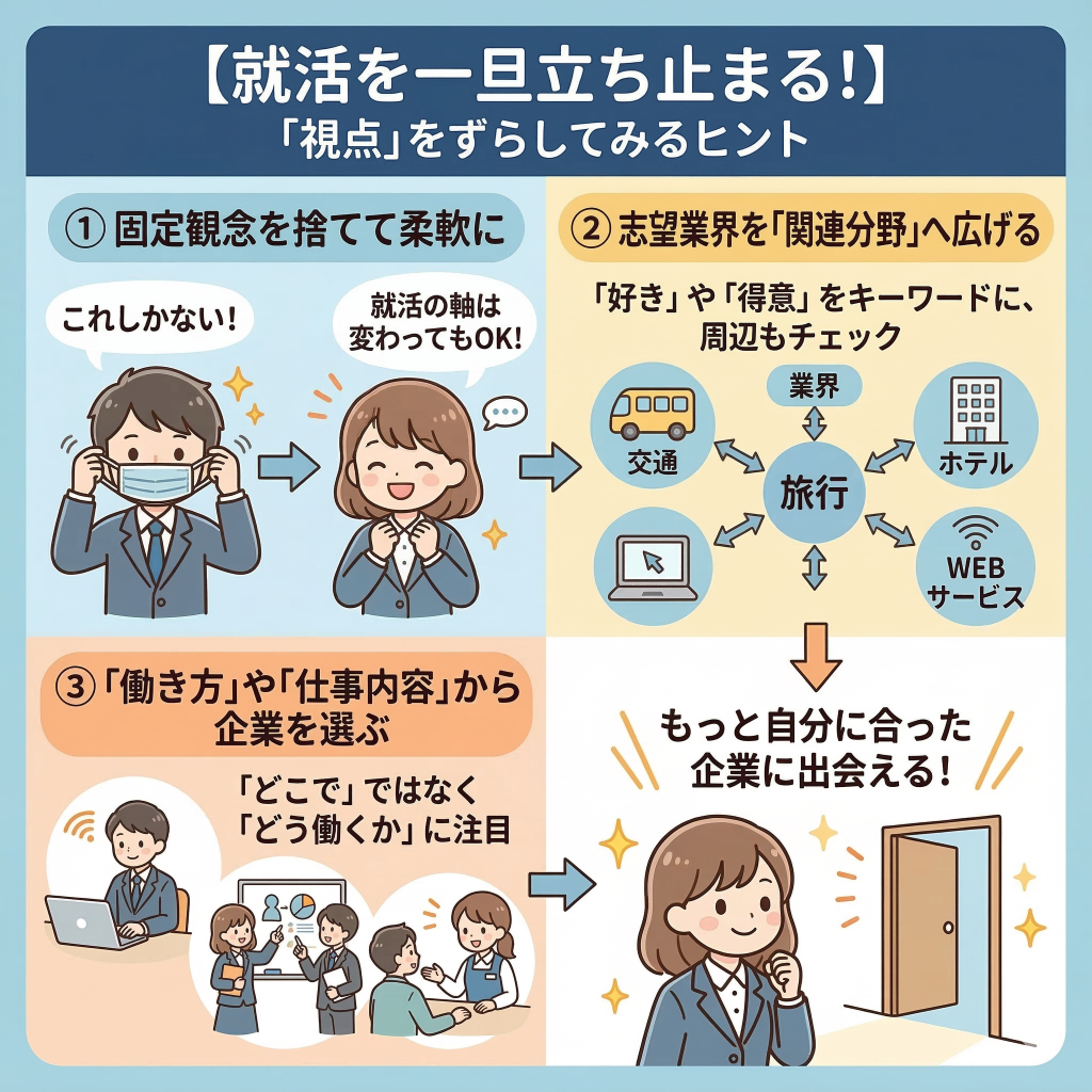 就活が辛い27卒の「道しるべ」｜業界選びをやり直して自分に合う企業を見つけるコツ
就職先の「視点」ポイント
固定観念を捨てて就活の軸を柔軟に
志望業界を「関連分野」へも広げる
「働き方」や「仕事内容」から企業を選ぶ
