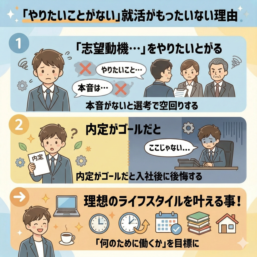 やりたいことがないまま就活を続けると「もったいない」理由

ポイント
本音がないと選考で空回りする
内定がゴールだと入社後に後悔する

→理想の「ライフスタイルを叶える事」を目標にする！