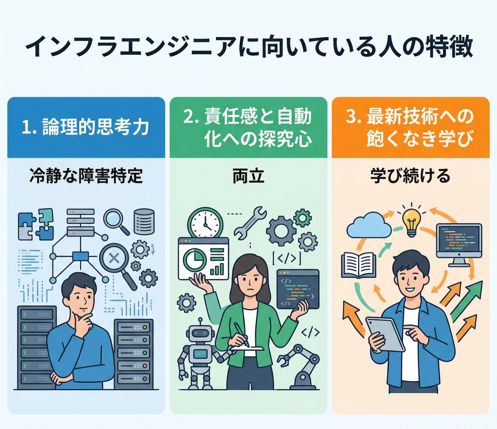 インフラエンジニアに向いている人の特徴：「論理的思考」と「仕組化」の適正
・インフラエンジニアに適した「トラブルシューティング」の思考法
・インフラエンジニアの保守的な「安定志向」と攻めの「自動化志向」のバランス