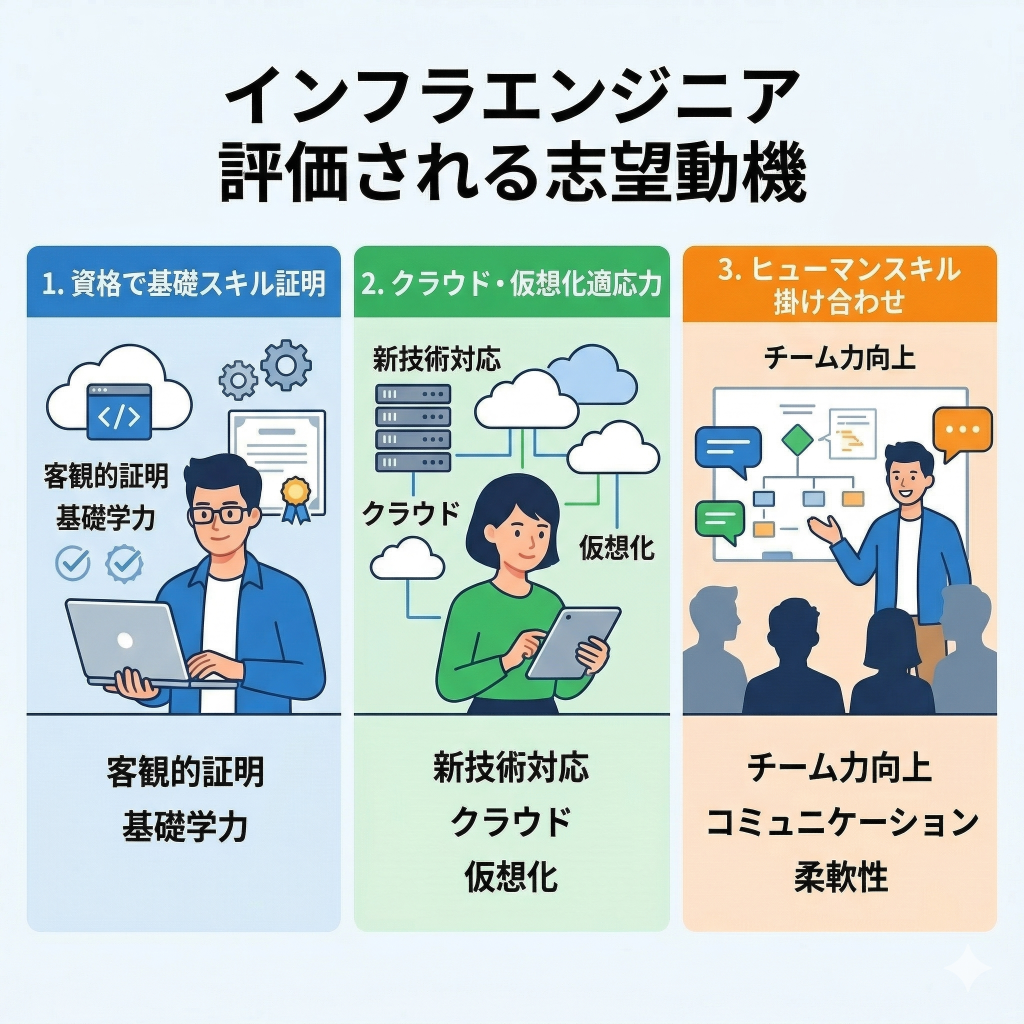 インフラエンジニアの評価される志望動機
①CCNA／LPIC取得で基礎スキルを客観的に示す
②クラウド・仮想化への適応力をアピールする
③技術スキルとヒューマンスキルを掛け合わせて伝える