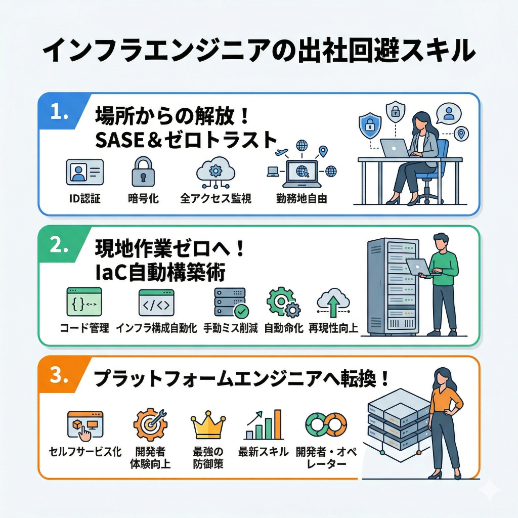 【対策】インフラエンジニアの「出社回帰」を技術スペックで回避する戦略
SASEとゼロトラストを導入し「場所の概念」を破壊する
IaC(Terraform/Ansible)による「現地作業ゼロ」の自動構築術
プラットフォームエンジニアリングへの転換が最強の防御策