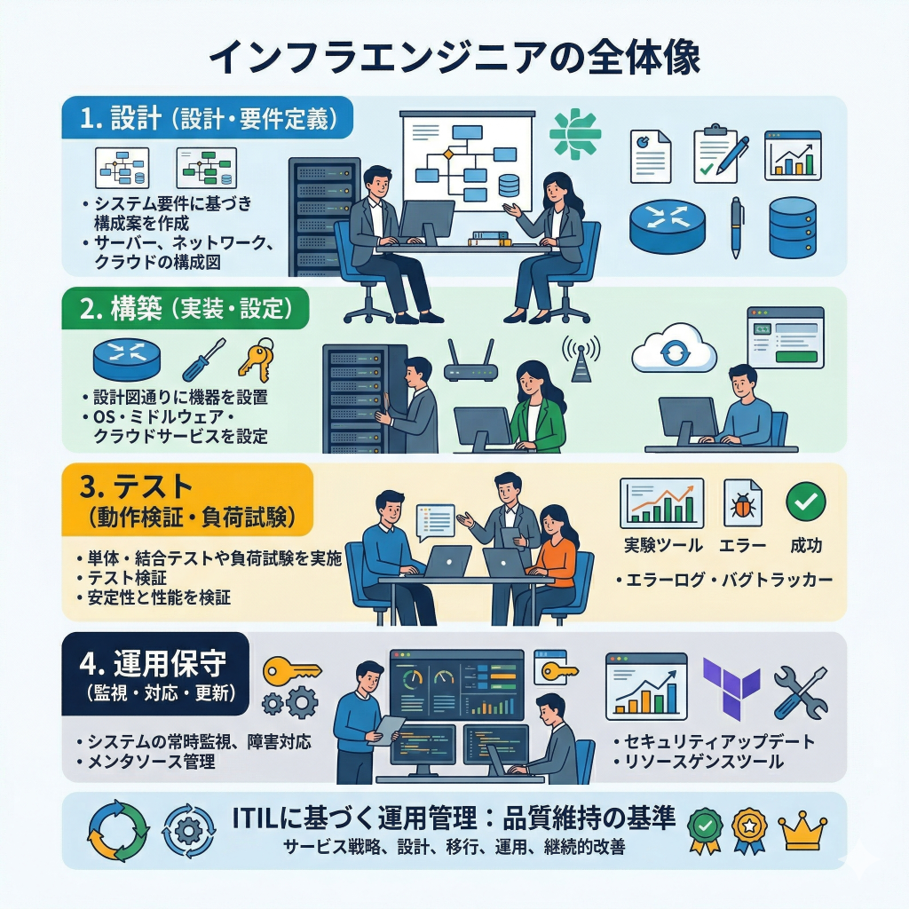 インフラエンジニアの業務サイクル|設計・構築から運用保守の全工程
【業務フェーズの全体像】
・業務は「設計・構築・テスト・運用保守」の4段階で構成
・フェーズで求められるスキルと役割が異なる
・ITILに基づく運用管理が品質維持の基準となる
