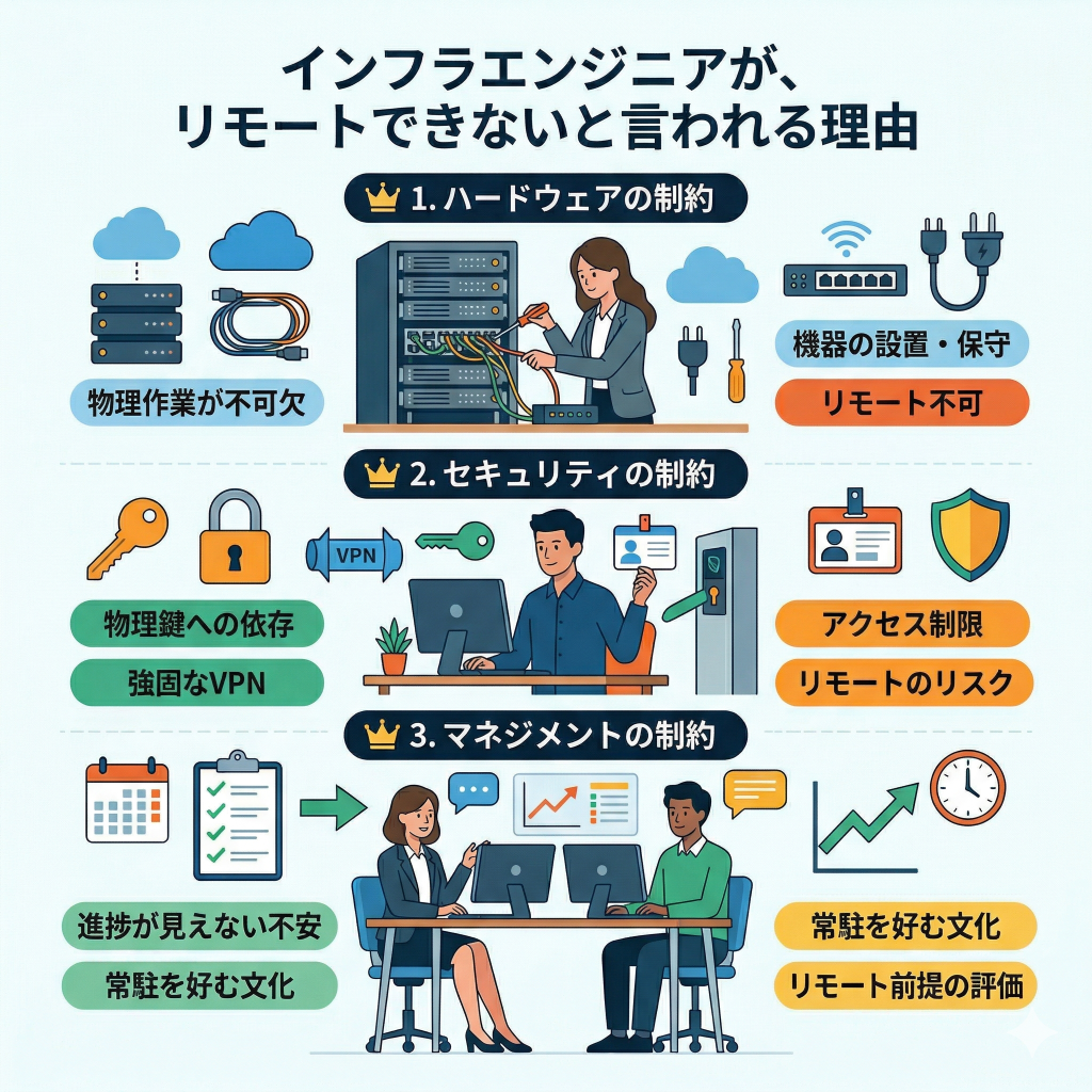「インフラエンジニアはリモートできない」なぜ言われるのか?
リモートを阻む「3つの物理的な壁」
ハードウェアの制約: 物理作業が避けられない
セキュリティの制約: VPN・物理鍵への依存
マネジメントの制約: 進捗が見えない管理者の不安