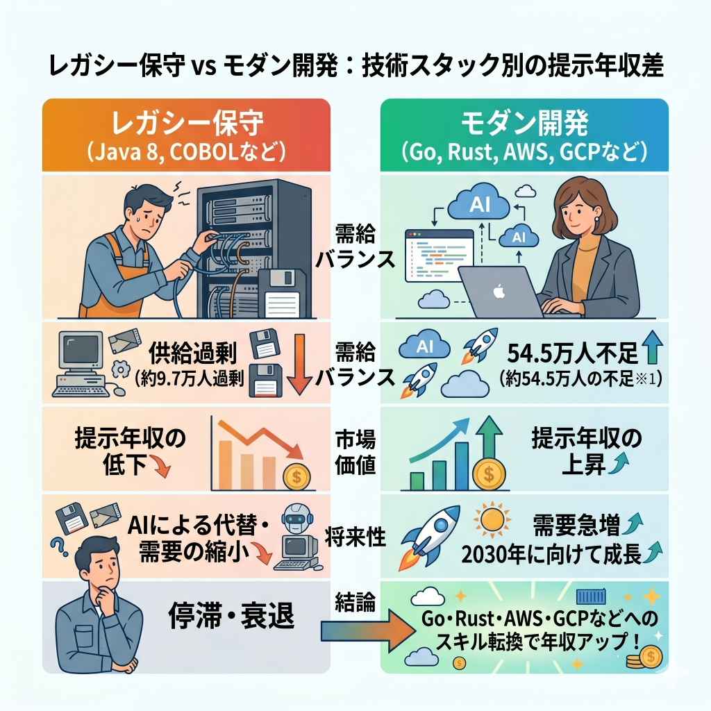 レガシー保守 vs モダン開発｜技術スタックが招くSEエンジニア「年収格差」の正体
