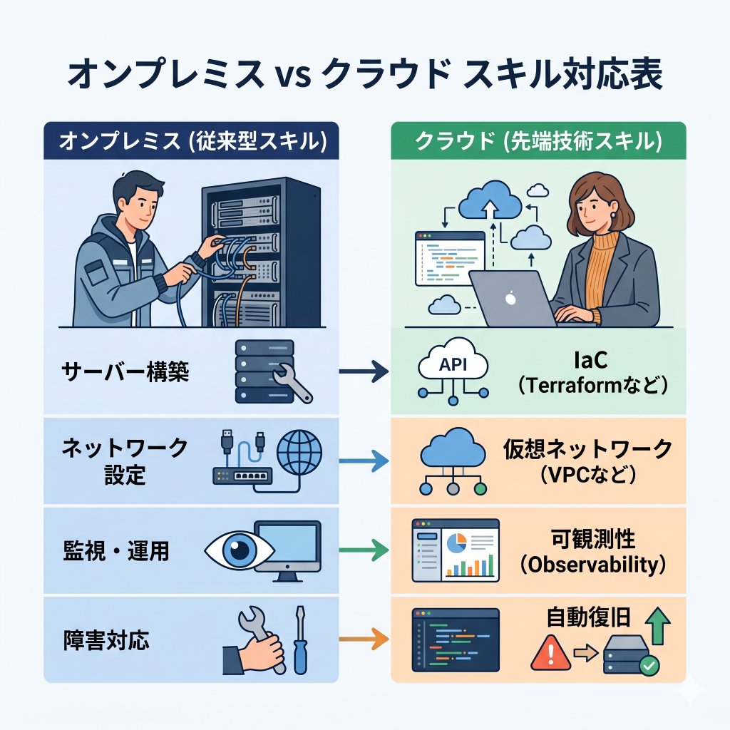 【比較】オンプレミスのスキルがクラウドのどの技術に対応するか