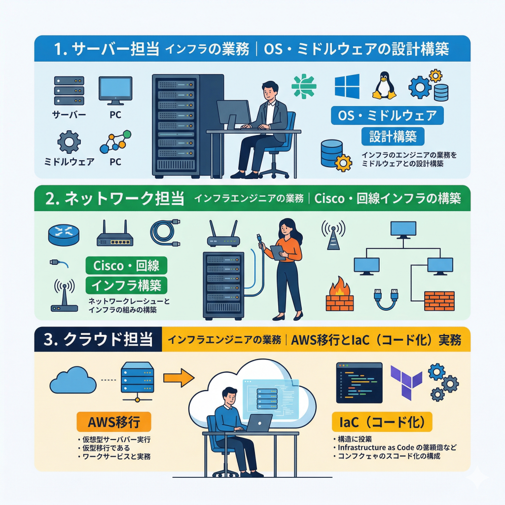 インフラエンジニアとは?IT基盤を支える役割と3つの専門領域
・インフラエンジニアはITの「土台」を担う専門職
・サーバー・ネットワーク・クラウドの3本柱
・物理作業からIaCへのシフトが進行中