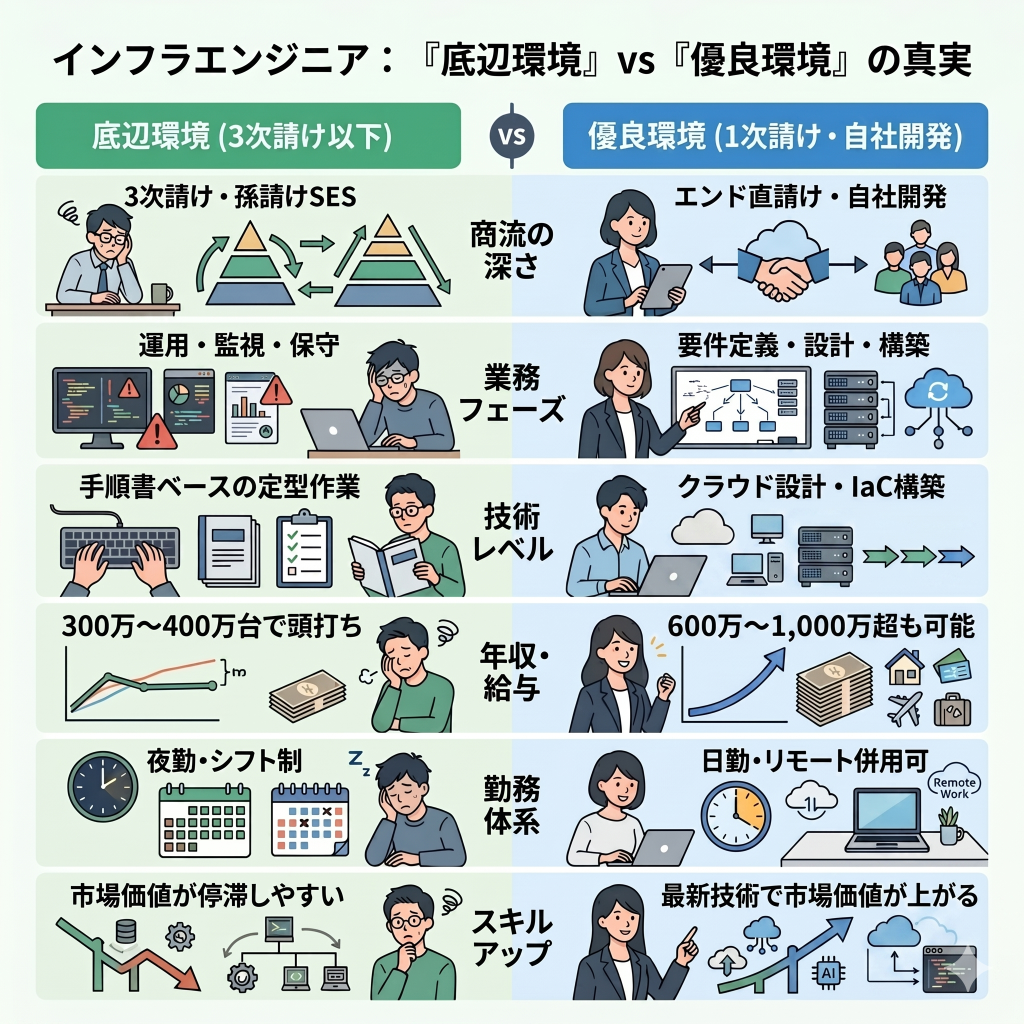 【比較！】インフラエンジニアの「底辺」環境と「優良」環境の技術・待遇差