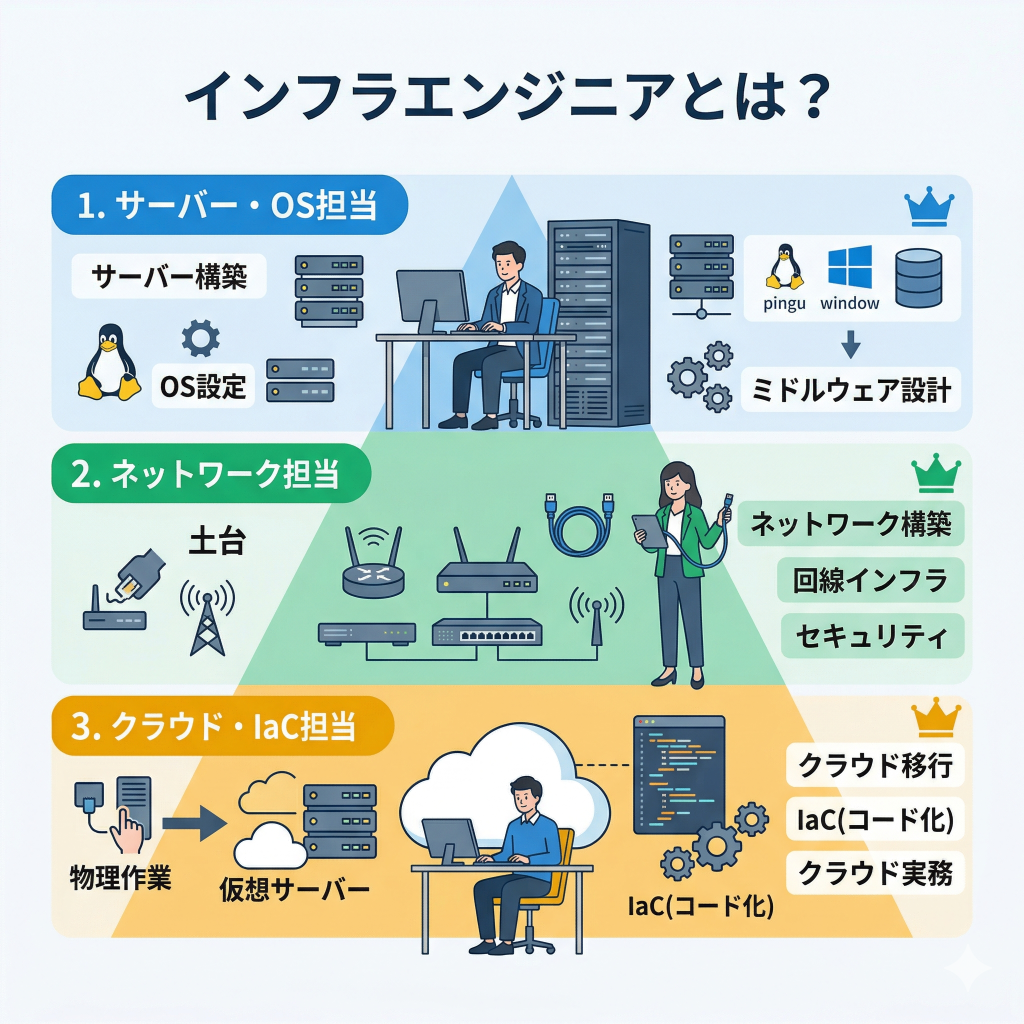 インフラエンジニアとは!
・ITシステムの土台を支える専門職
・サーバー・ネットワーク・クラウドの設計や運用を担う