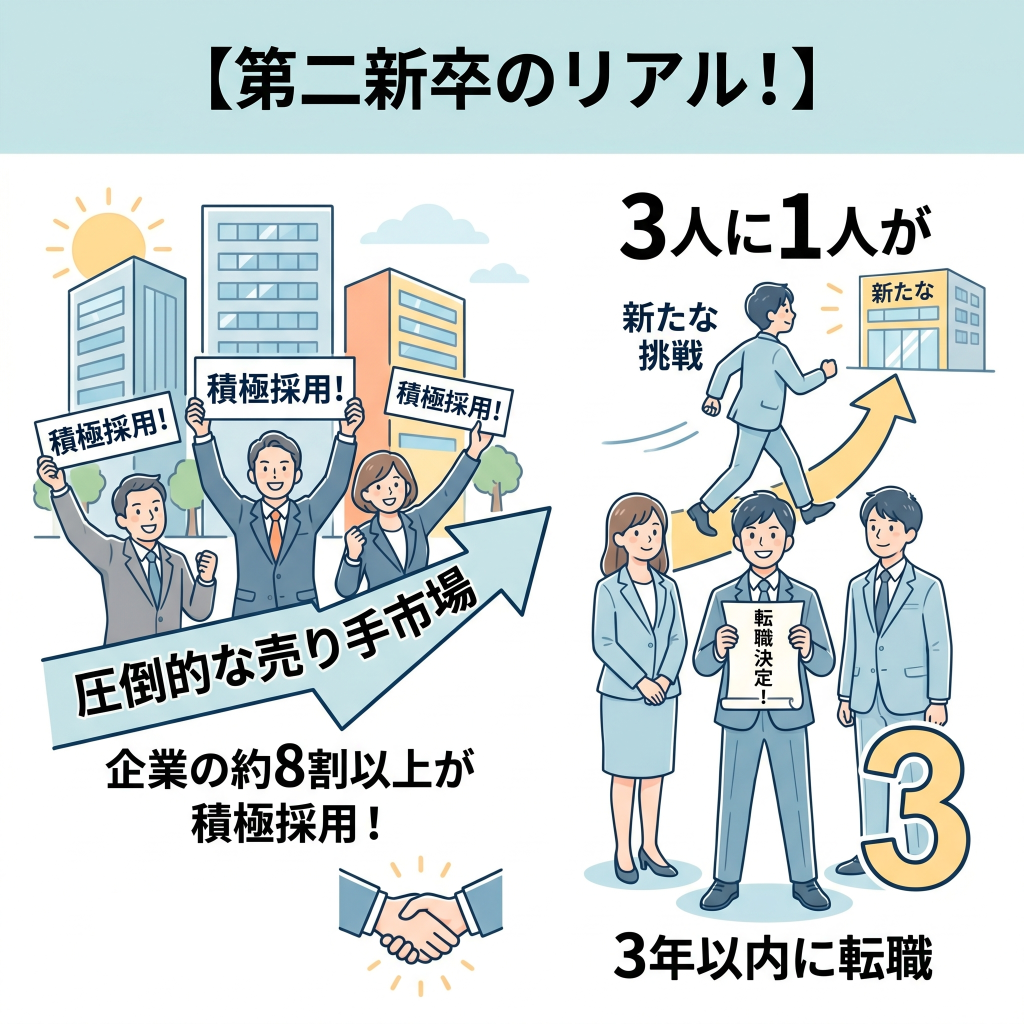 第二新卒のリアル!
・3人に1人が3年以内に転職
・圧倒的な売り手市場で積極採用あり