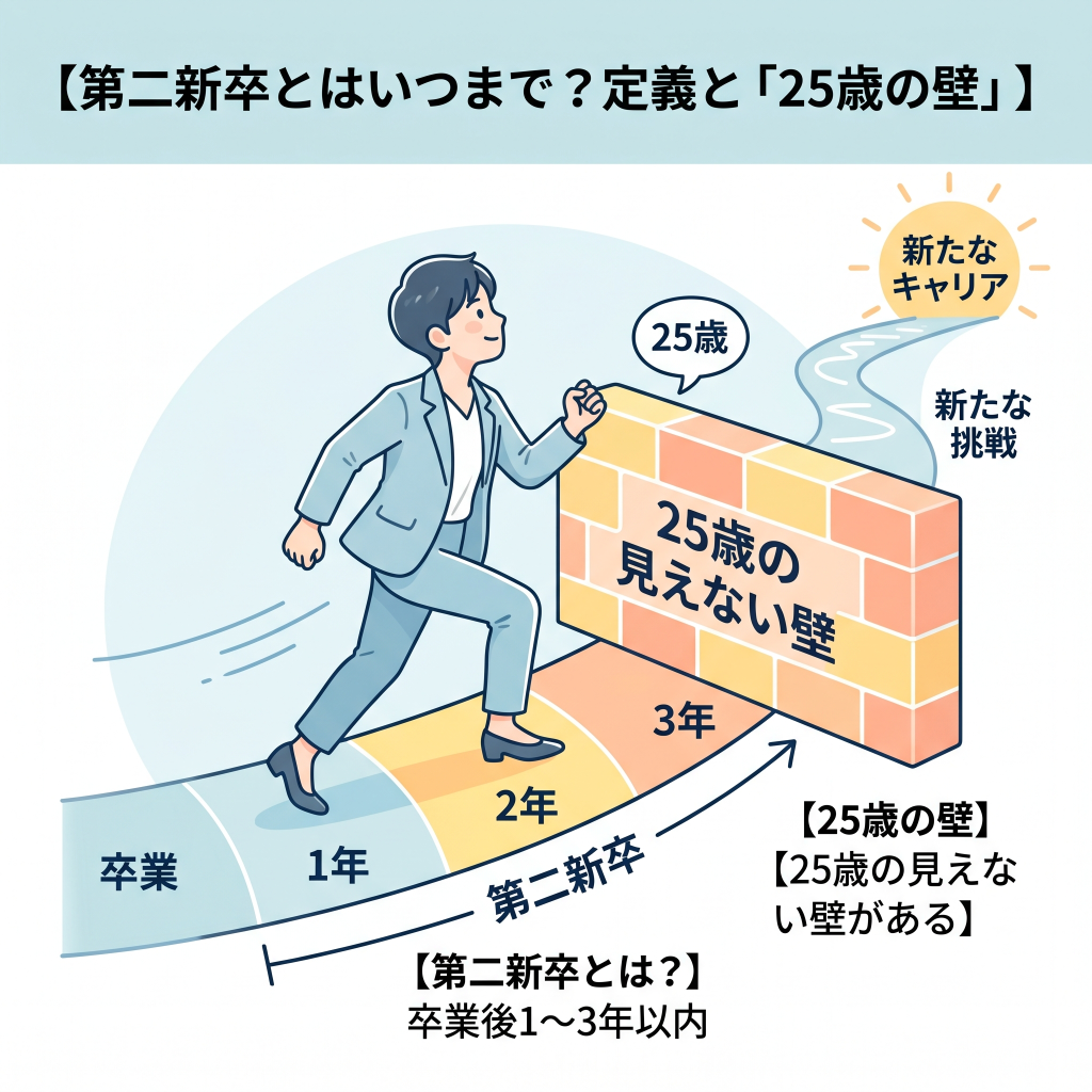 第二新卒とはいつまで?定義と「25歳の壁」
ポイント
第二新卒とは?:卒業後1〜3年以内
25歳の見えない壁がある