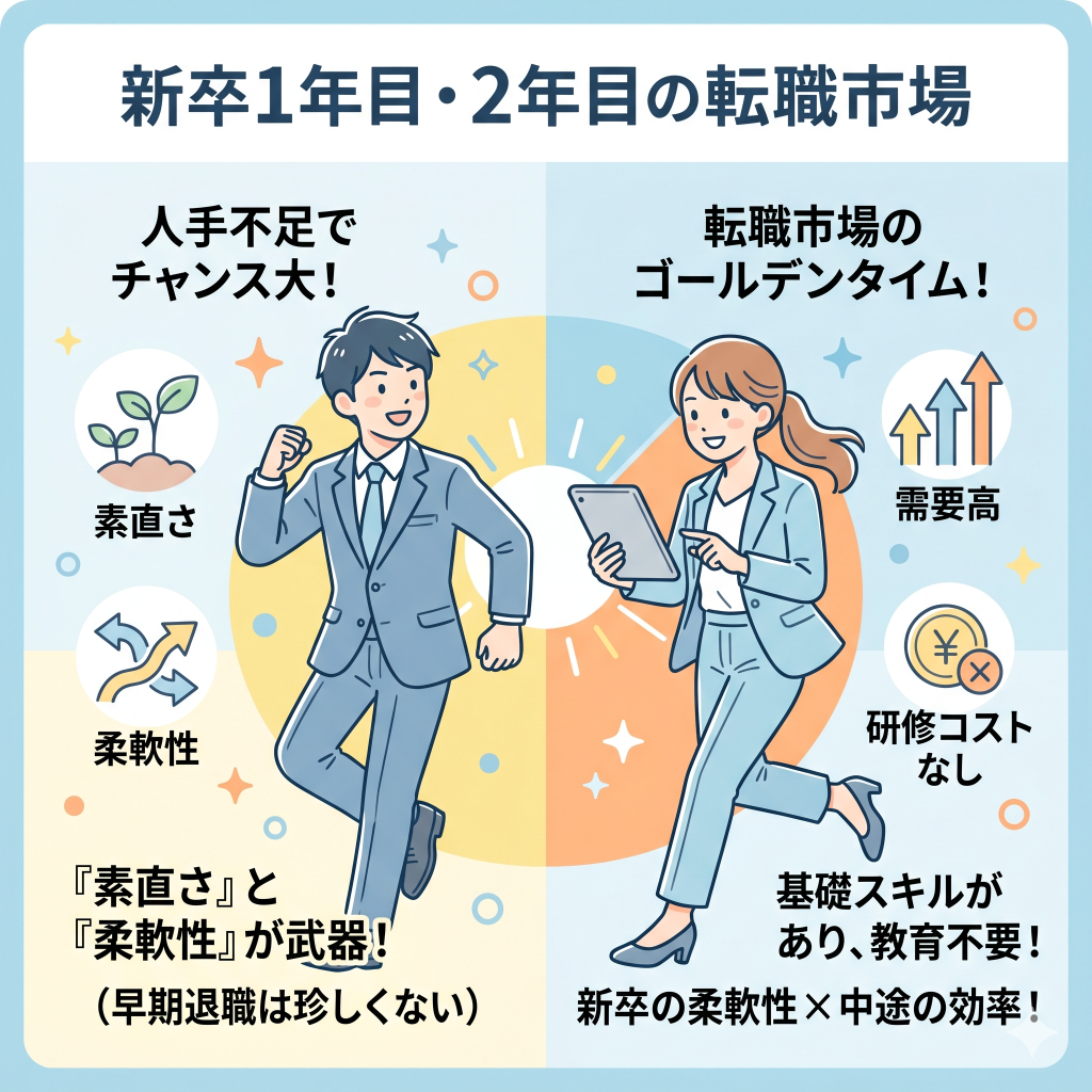 新卒1年目・2年目の転職は厳しい?最新の市場動向
・新卒1年目の転職が「厳しい」と言われる理由と現実
・新卒2年目の転職は厳しい?「ゴールデンタイム」と呼ばれる理由
・